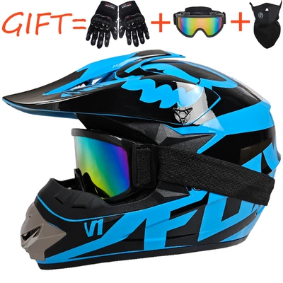 Motosiklet kaskı (dəbilqə) — Foreign Trade Off-Road Helmets, Beach - black-and-blue-f-goggles-gloves-and-mask-s
