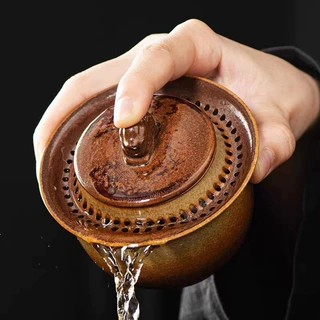 柴烧粗陶盖碗手抓壶防烫全孔自带过滤盖碗防烫泡茶器个人旅行便携