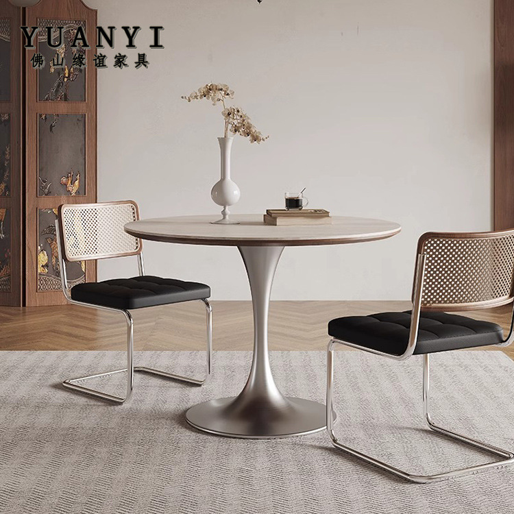 Medieval-Style Cave Stone Slab Round Dining Table for Home Use in Small Apartments, French-Style Round Dining Table, Trendy Retro Meeting Table and Chairs