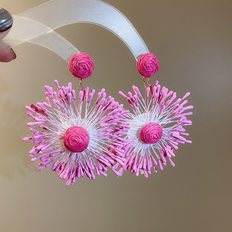 シルバーニードルラフィアカラフルな太陽の花のイヤリング夏の海辺の休暇スタイルのイヤリングファッショナブルで甘くて新鮮なイヤリング|undefined