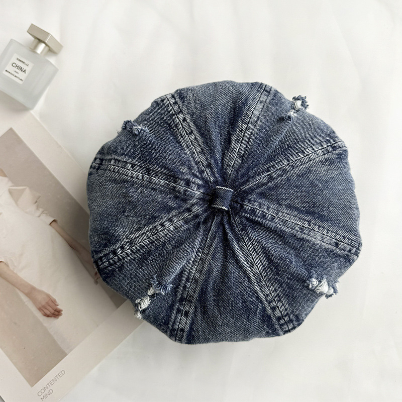 Retro coreano hace viejos agujeros vaqueros boina de mujer cabeza grande cara pequeña gorra gorra pintora gorra universal