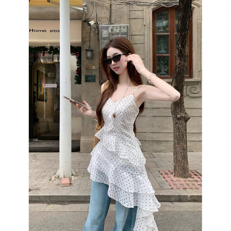 Chiffon + Lining Slightly Fat mm Holiday Style Suspender Dress Women's Ruffled White Polka Dot Skirt