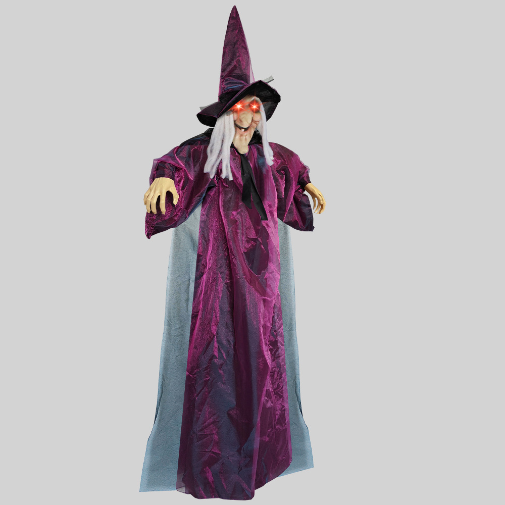 Bruja Morada con Voz Activada, Brillante, que Grita, para Escape Room, Terrorífica, Fantasma Colgante, Bruja, Accesorio para Casa Encantada de Halloween