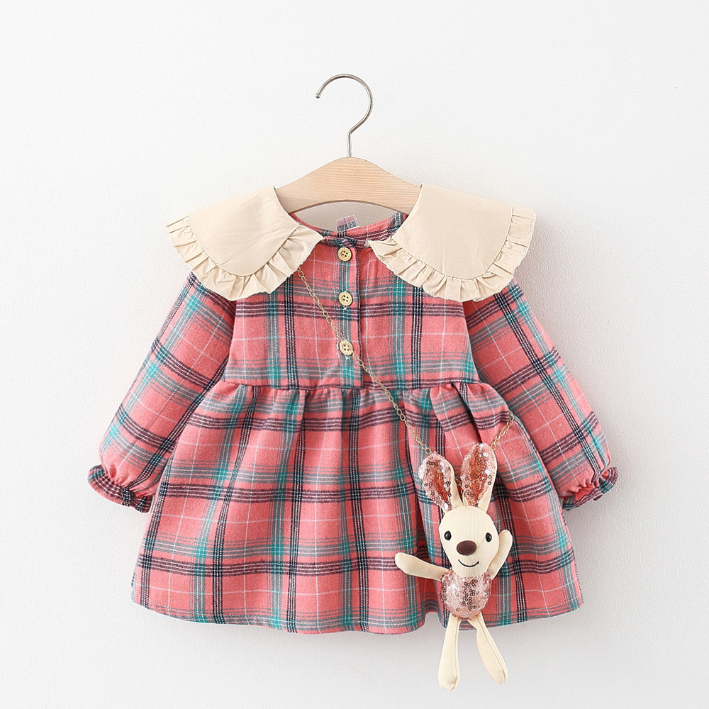 Jul Ny höst Flickrutad långärmad klänning Korean Edition Barndocka Polokrage Bomull Liten_voghion.com