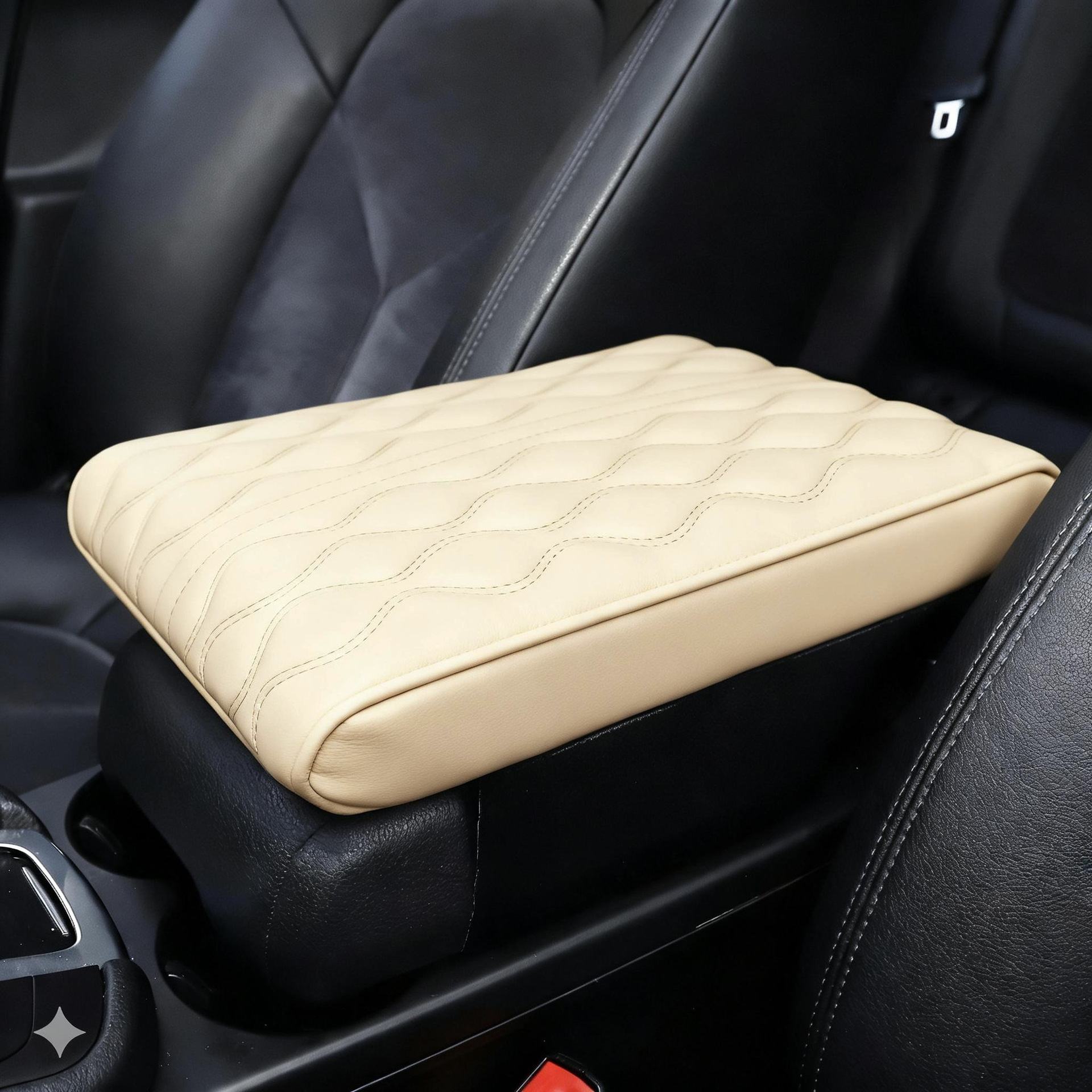 Pad Nappa Leather | Universal Armrest box pad - wavy-memory-foam-armrest-box-heightening-pad-beige