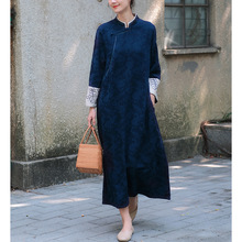 原创春苎麻棉提花斜襟珠扣连衣裙 国风复古民国风改良旗袍A205