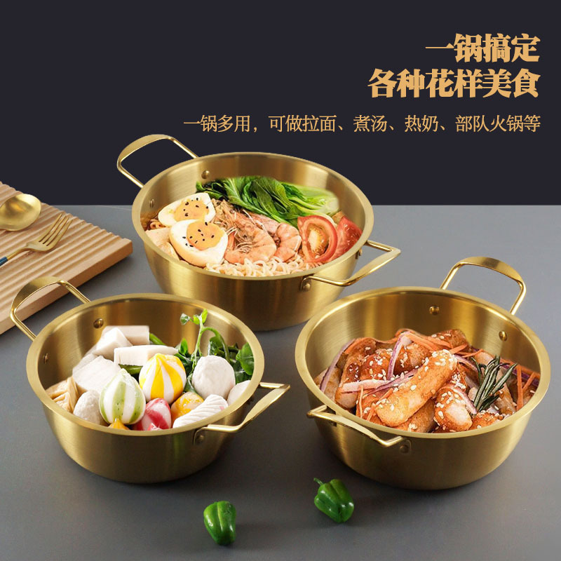 Hotpot de espuma de fideos de acero inoxidable coreano con tapa dorada de doble oreja, panela de fideos gruesa, panela de fideos de restaurante en línea