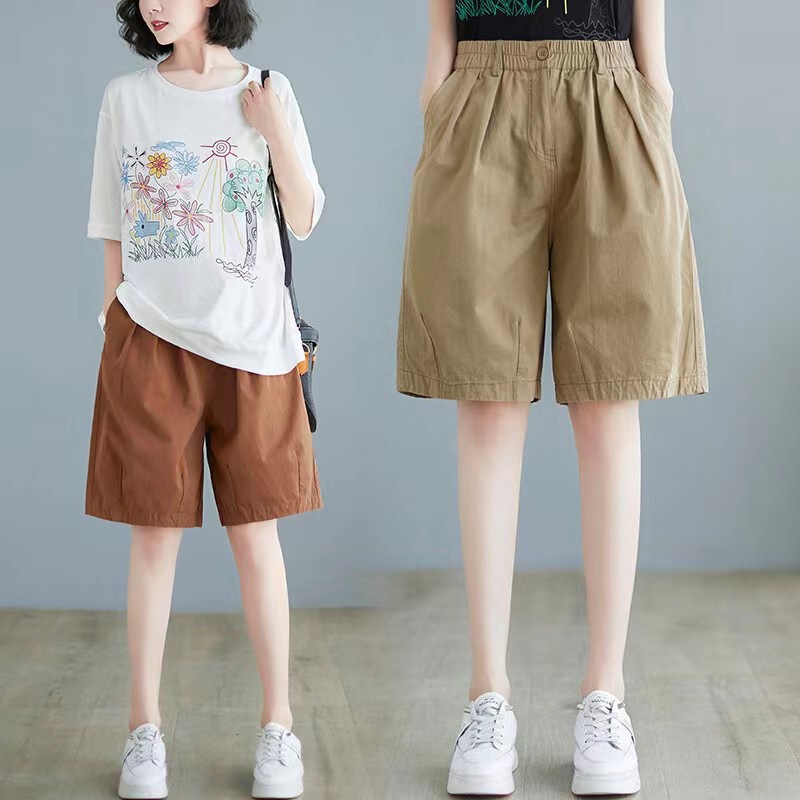 Real shot 2024 summer new retro twill cotton casual pants women's elastic waist straight pants all-match five-length pants pants