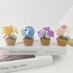 手工毛線編織勿忘我盆栽成品家居辦公裝飾仿真花編織成品批發