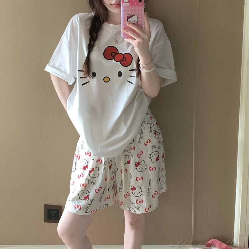 2026 Summer Women's Cotton Round-Neck Pajamas Short-Sleeved Shorts Thin Cartoon Casual Loungewear Set That Can Be Worn Outside