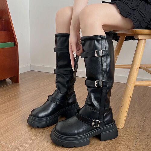 Matched with a skirt, fashionable, knee-high boots, 2025 new style retro Martin boots, women's belt buckle, slimming long boots