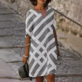 В наличии новое трансграничное льняное платье AliExpress с V-образным вырезом в полоску и принтом А-силуэтом