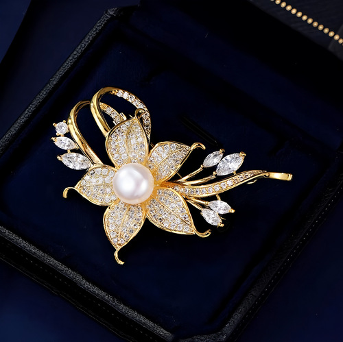 Floral Pearl Brooch for Women, Elegant Suit, Anti-Slip Button Pin, Coat Outerwear, Sweater, Pin to Hold Clothes, Floral Brooch