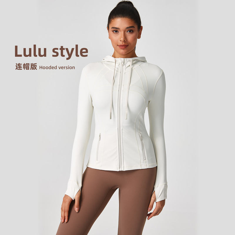 Lulu-Style Hooded Round-Neck Yoga Jacket for Women, Slim Fit, Zipper, Running, Fitness, Define Sports Jacket