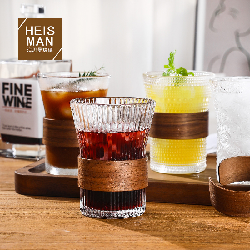 中式復古玻璃水杯豎紋玻璃杯風琴束腰伴手禮杯牛奶果汁隔熱杯通用