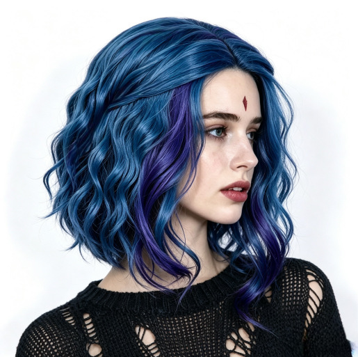 Titan Raven Cosplay Wig with Middle Parting, Gradient Color, Medium-Length Curly Hair, Anime Wig