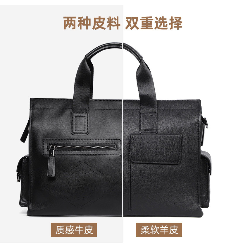 Túi xách tay nam da bò thật dung tích lớn 40×13×29 cm, đựng tài liệu và laptop 15,6 inch — Dây kéo dọc da bò màu đen, Dây kéo ngang da bò màu đen, Da cừu lớp đầu màu đen chi tiết 6