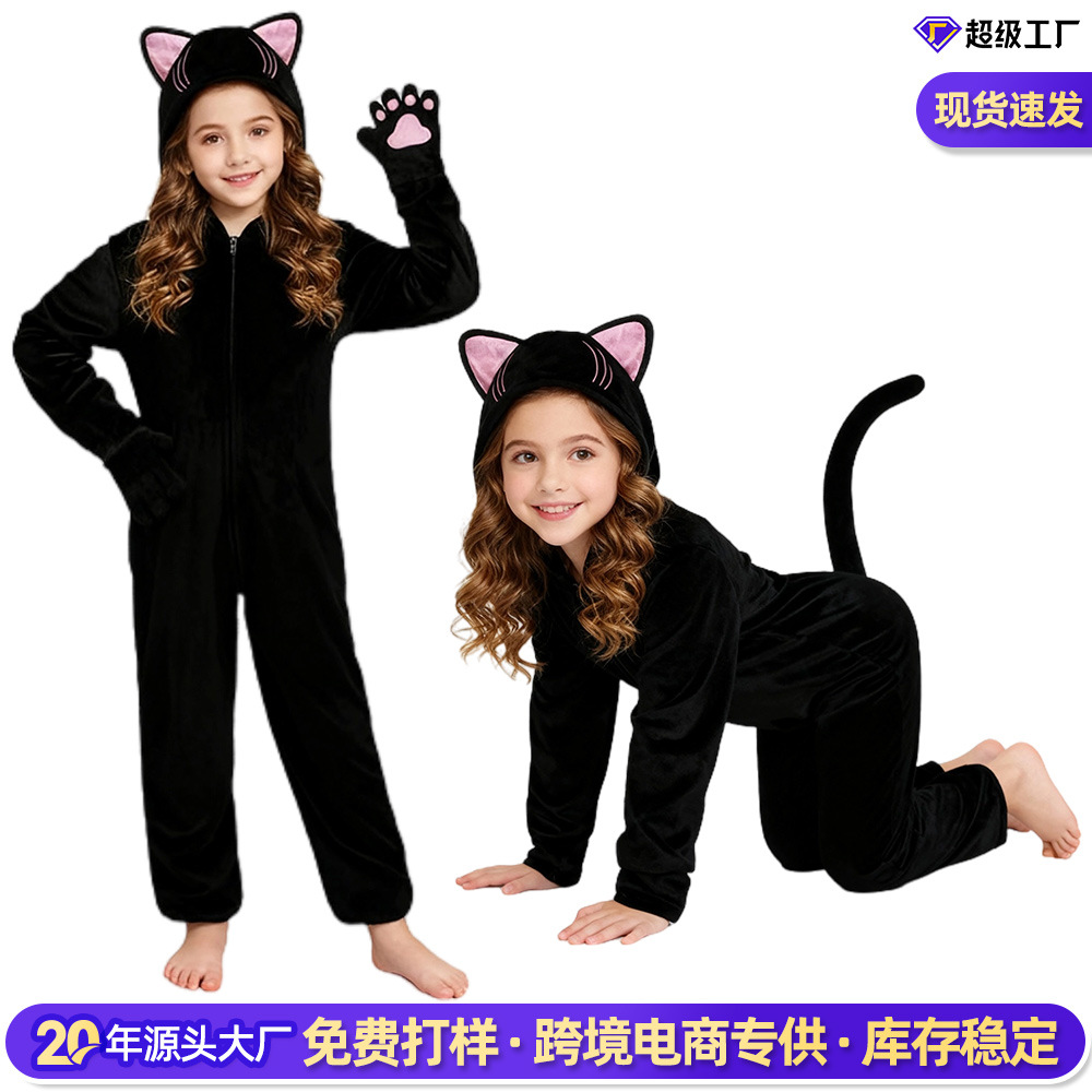跨境新品女孩猫咪衣服儿童万圣节服装黑猫动物连体衣舞台表演服饰