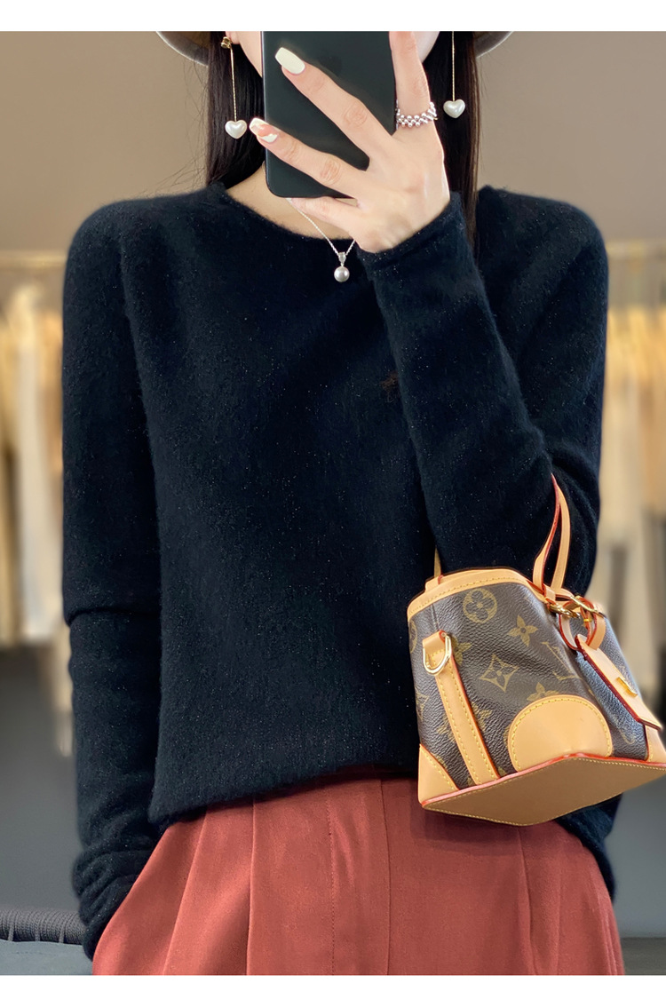 2023年秋冬新款韩版女士纯羊毛圆领卷边长袖纯色套头打底羊毛衫详情39
