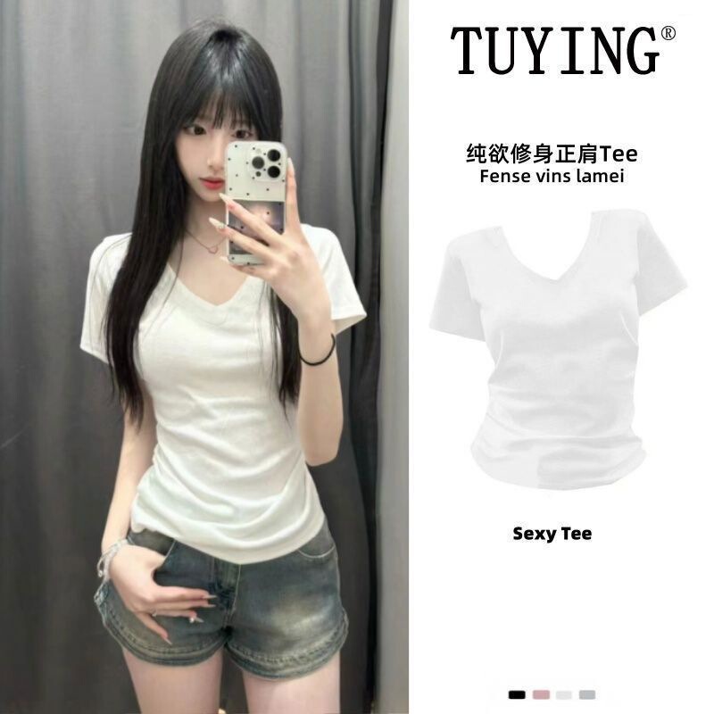 American-Style V-Neck Pure Cotton Regular Shoulder Summer Short-Sleeve T-Shirt for Women, White Slim-Fit Base Shirt Top
