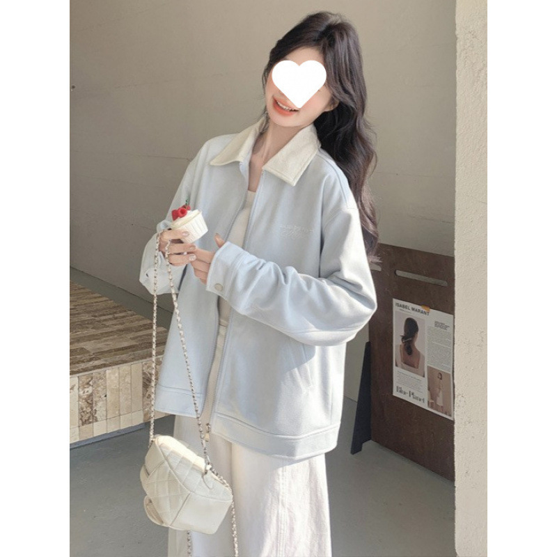 蓝色翻领休闲外套女2025春秋新款流行爆款超火小个子百搭夹克上衣|undefined