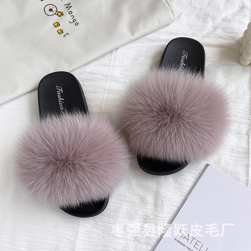 Amazon transfronterizo zapatillas de pelo de zorro real zapatillas de pelo de fondo plano zapatillas de pelo de mujer zapatillas de pelo de verano nuevas exportaciones
