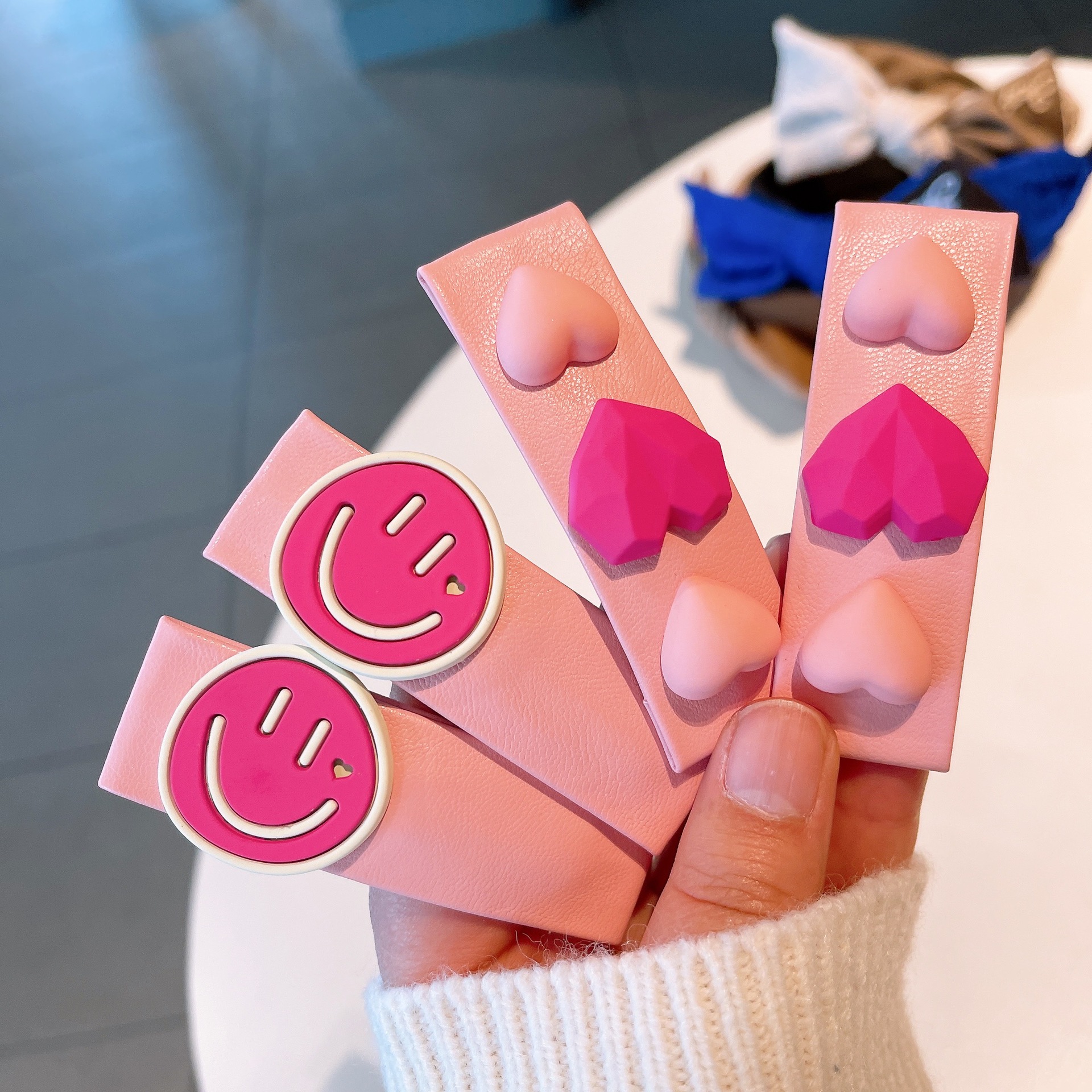 韓國東大門新款～元氣少女櫻花粉系皮料BB夾笑臉愛心可愛風髮飾品