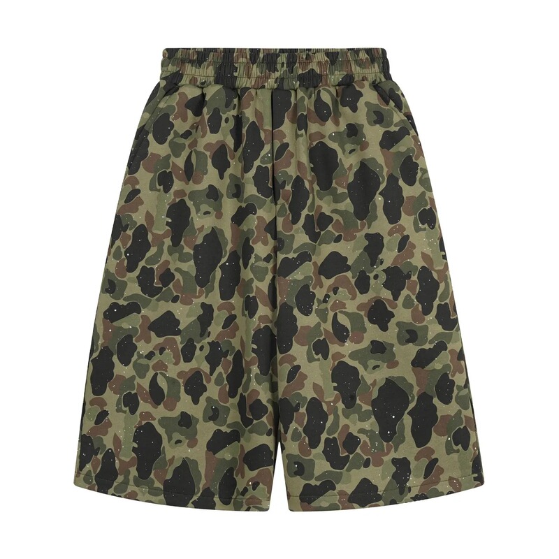 2026 American Street Style Green Camouflage Elastic Waist Wide-Leg Cropped Pants Summer Casual Versatile Loose Sports Shorts for Women