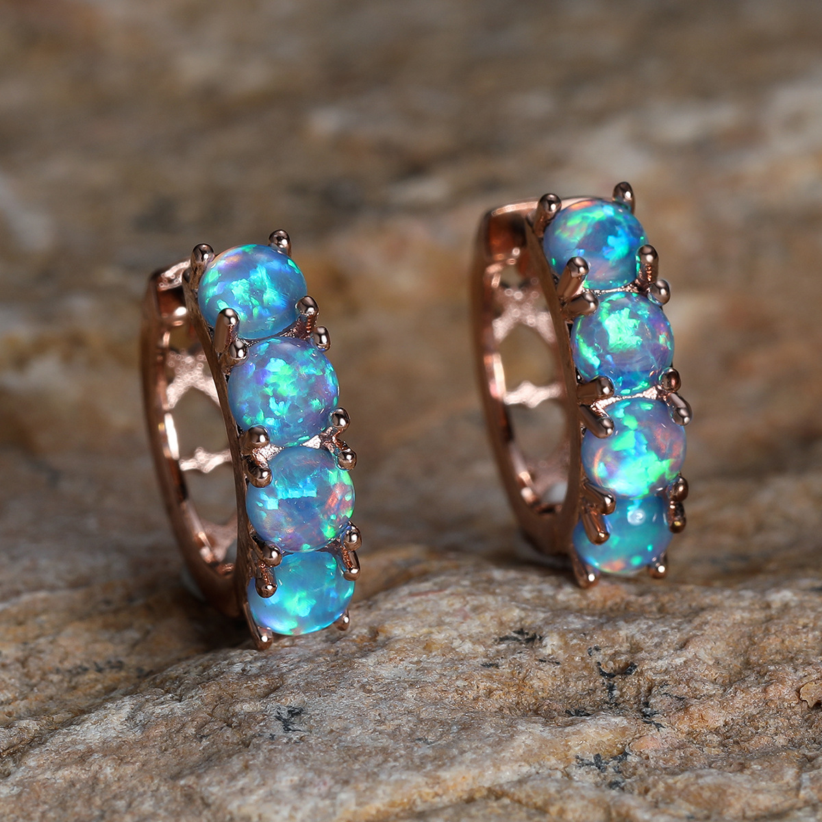 Platinum Blue Opal Clip Earrings With Four Round Stones_voghion.com