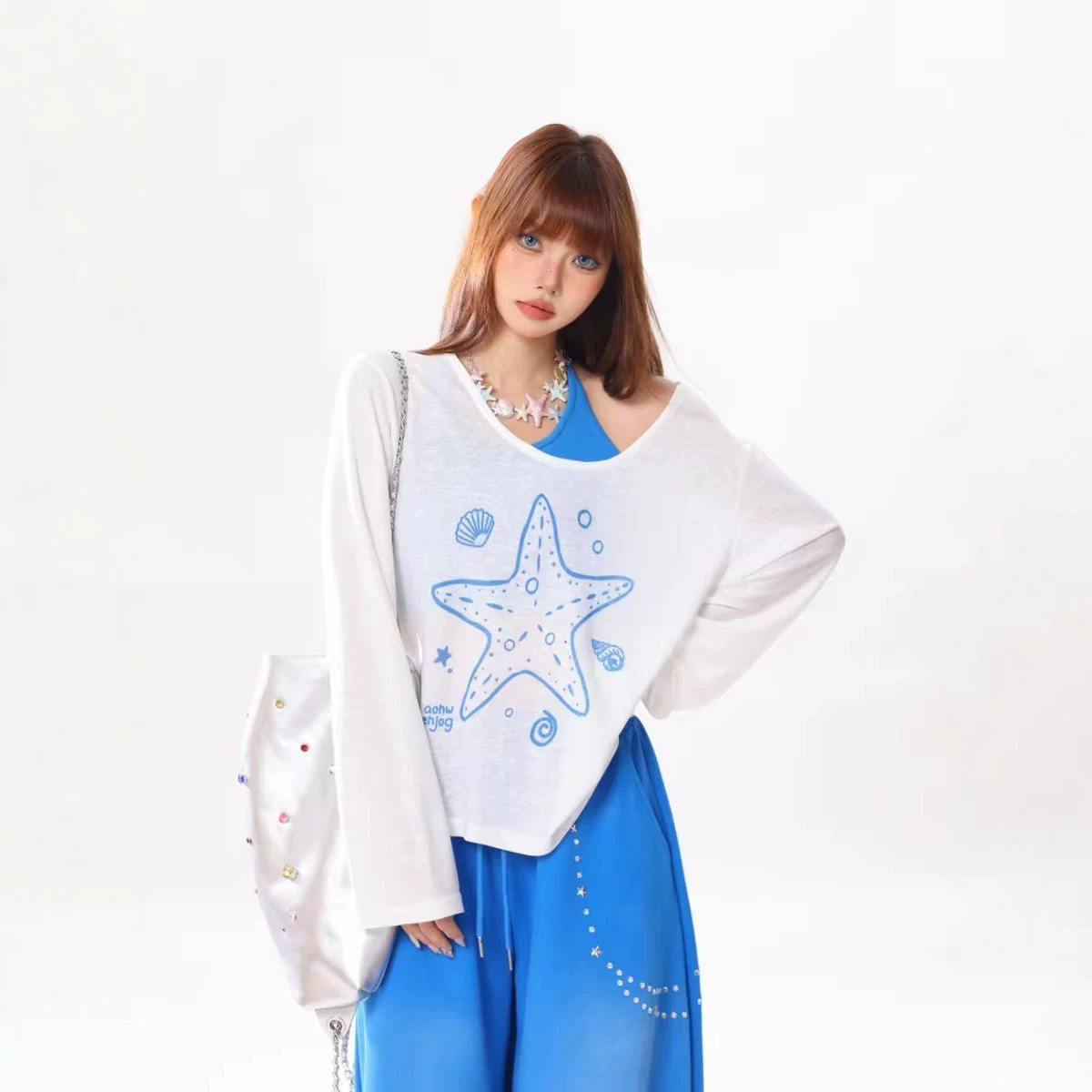 American-Style Starfish Sun-Protective Long-Sleeved T-Shirt with Chest Pads for Women, Summer Loose and Cool Style Cover-Up Vest Two-Piece Set