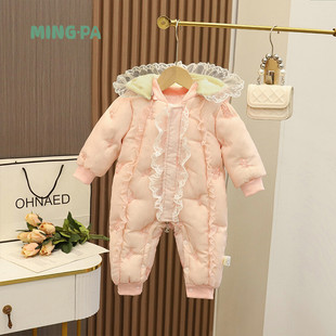 Winter baby girl lace down jacket jumpsuit baby fleece-lined thickened romper white duck down warm romper
