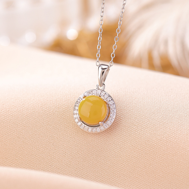 Mặt dây chuyền bạc S925 mạ vàng sáp ong viền zircon hình tròn phong cách hoang dã — Bạc (mặt dây chuyền đơn)
