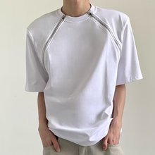 韩国高级小众金属设计感白色短袖t恤拉链圆领潮流男女情侣装简约