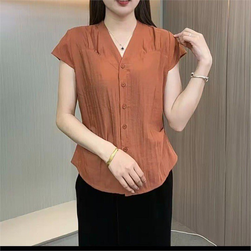 Dropshipping Live-Stream Hot-Selling Solid Color V-Neck Short-Sleeve Shirt Women's Top 2026 Mom Fashion Summer Thin Cardigan