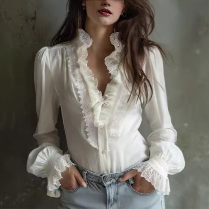 Shenzhen Nanyou High-End Original Niche 25 Spring/Summer French-Style Girl's Exquisite Lace Trim White Shirt Shenzhen Nanyou High-End Original Niche 25 Spring/Summer French-Style Girl's Exquisite Lace Trim White Shirt