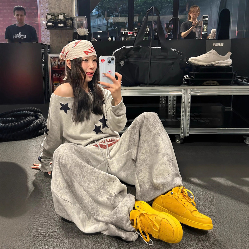 欧美hiphop字母印花运动卫裤女慵懒风做旧宽松百搭跳舞爵士弯刀裤|undefined