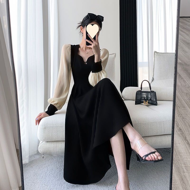 Cross-Border Spring and Autumn New High-End Women's Clothing, Minimalist Early Autumn Waist-Cinching Dress, Unique Figure-Flattering Hepburn Little Black Dress Cross-Border Spring and Autumn New High-End Women's Clothing, Minimalist Early Autumn Waist-Cinching Dress, Unique Figure-Flattering Hepburn Little Black Dress
