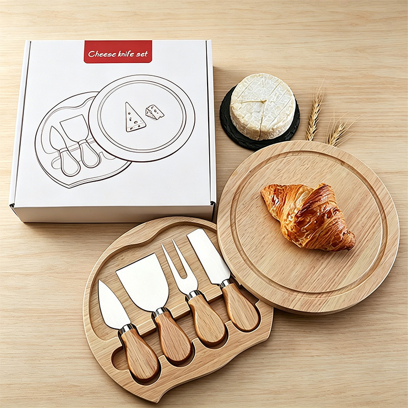 Caja de madera redonda de goma transfronteriza cuchillo de queso pizzeria pan snack platos de comidas occidentales cuchillo de queso conjunto bandeja