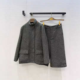 深圳南油26早春款法式气质双口袋立领宽松毛呢外套阔腿中裤套装