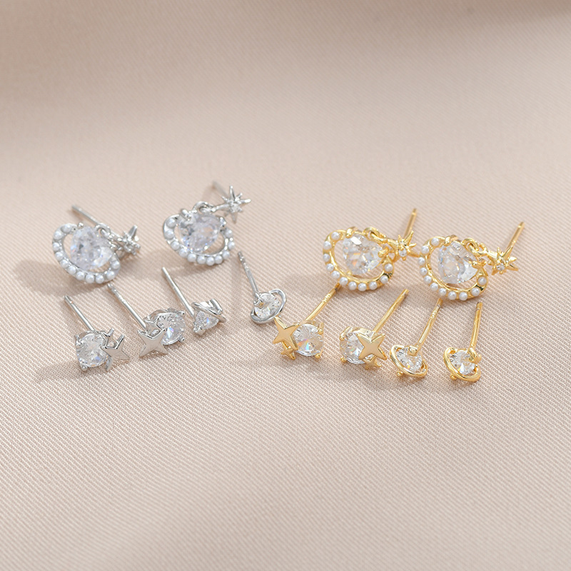 3 Pairs Simple Style Star Copper Inlay Artificial Pearls Zircon Ear Studs display picture 2