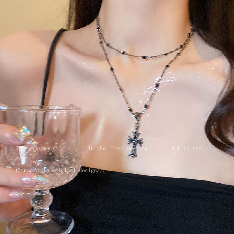 Diablo Cross Necklace Women's Trendy Long Double Layer Overlapping Sweet Cool Sweater Chain Niche Light Luxury High-end Clavicle Chain