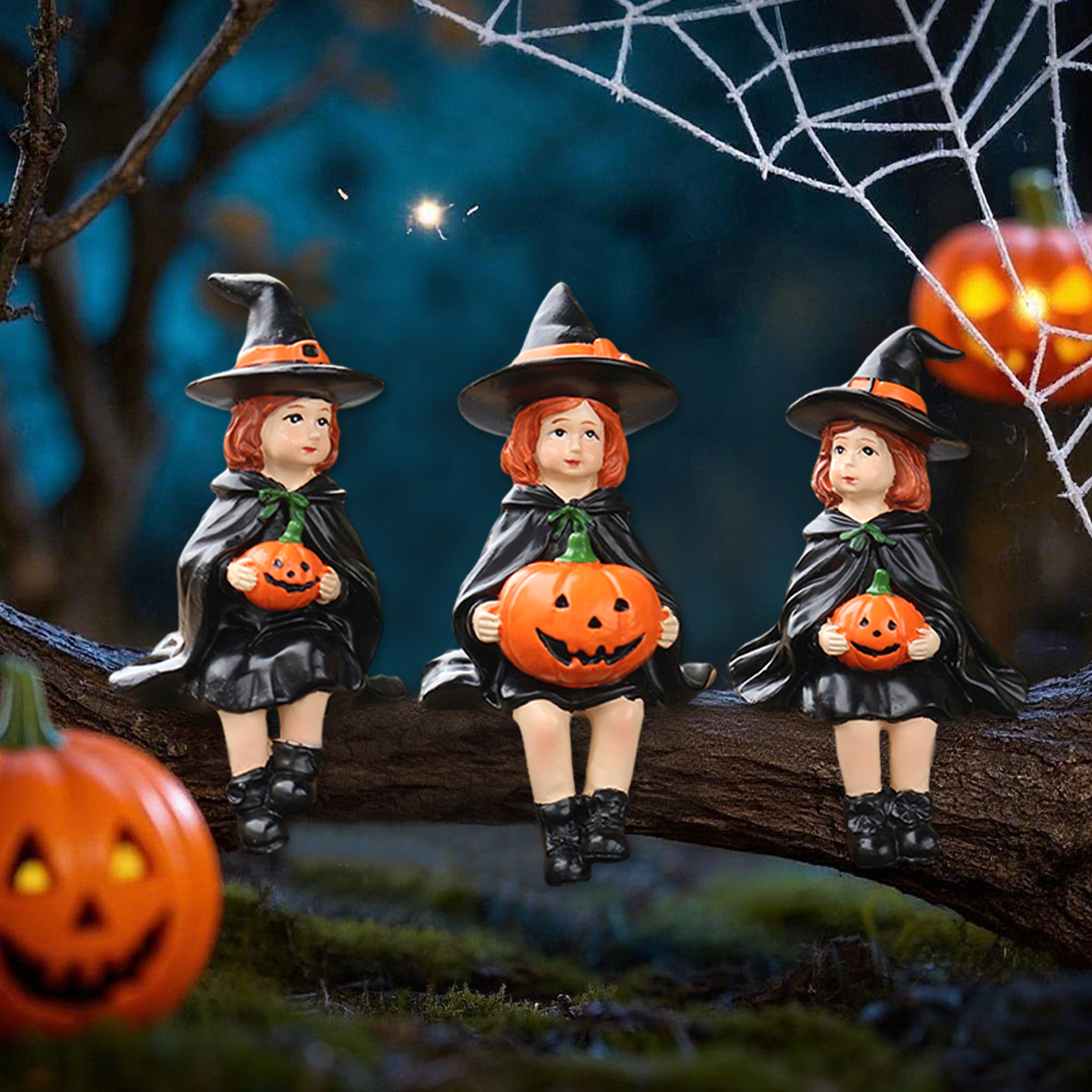  Halloween Night Pumpkin Sitting Witch Set of Three DIY Decoration Accessories Mini Holiday Ornaments Available