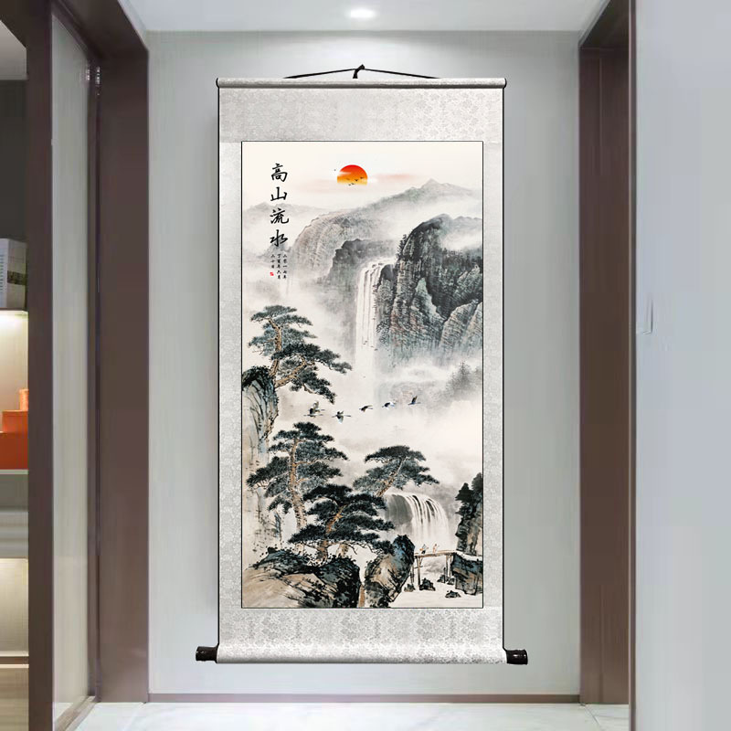 Landscape Painting Calligraphy Wealth-Attracting Vertical Version Feng Shui Backing Scroll Hanging Painting Background Wall Living Room Decoration Entrance Painting Traditional Chinese Painting