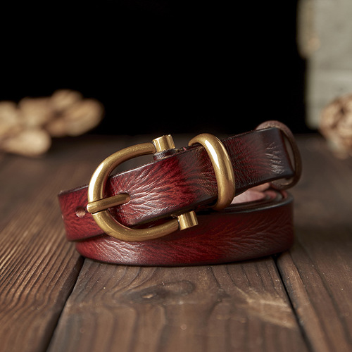 Handcrafted Women's Leather Belt: Premium-Grade, Stylish Pure Cowhide Waistband with Genuine Copper Pin Buckle—Perfect for Vintage Denim Pants