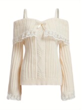P 48541 Solid Color Lace Off Shoulder Knit Top ��ɫ��˿��֯