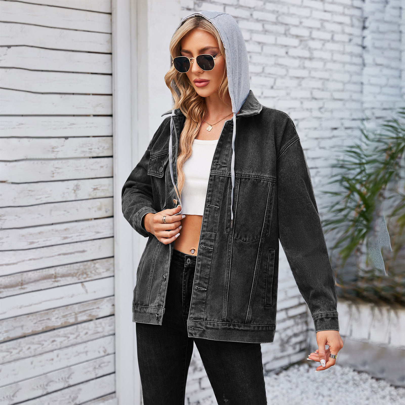 805g Weight Denim Jacket Outerwear Type Long Sleeve Sleeve Length Single Breasted Placket Type Denim Fabric Type Long Top Length Casual Occasion Turndown, Hooded Neckline Loose Fit Type Color Block Pattern Spring, Autumn Season Women's Gender Streetwear Style Women's Streetwear Color Block Single Breasted Denim Jacket 3