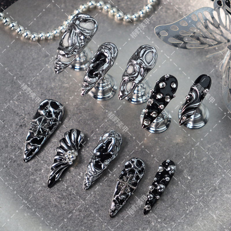 Cross-Border European and American Pure Handmade Wearable Nails, Dark Style Nail Pieces, Liquid Silver Irregular Pattern, Six-Pointed Star Long Pointed Nail Art