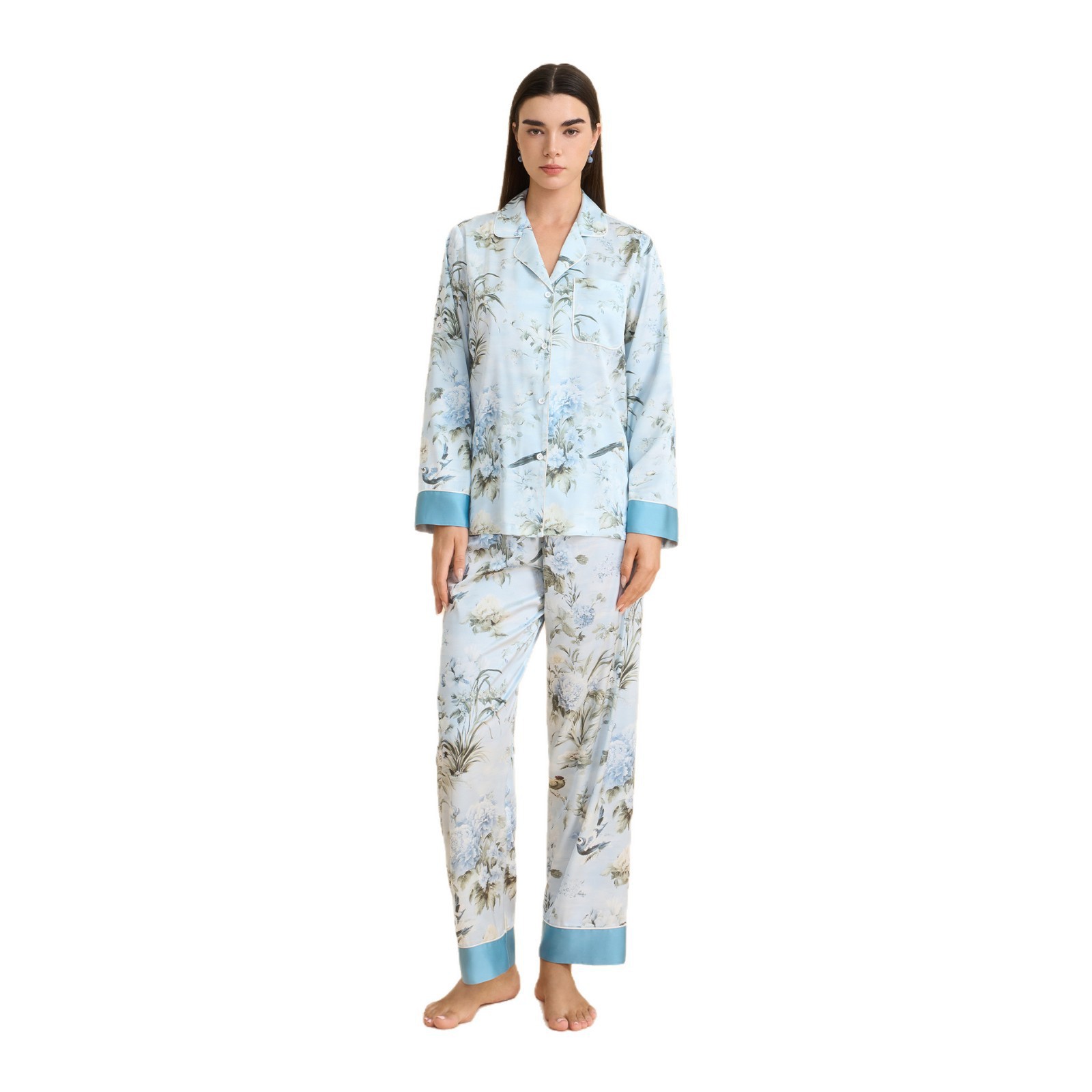 Pijama floral elegante de primavera y otoño para mujeres pantalones de manga larga con solapa delgada ropa casera casual y cómoda TZ4001