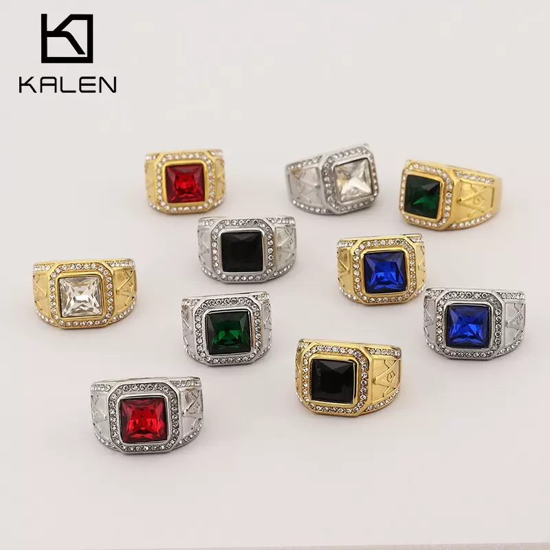 跨境嘻哈大气指环 欧美复古镶嵌彩色宝石共济会AG不锈钢男士戒指