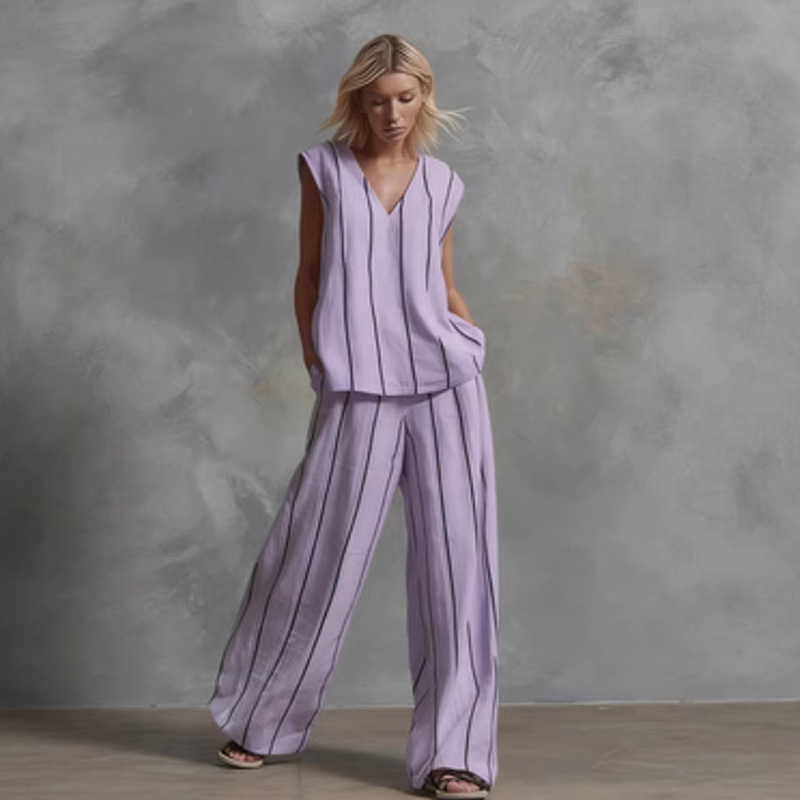 2026 Cross-Border French Minimalist Style Black and White Vertical Striped Loose Slimming Cotton-Linen Set Wide-Leg Pants Two-Piece Set